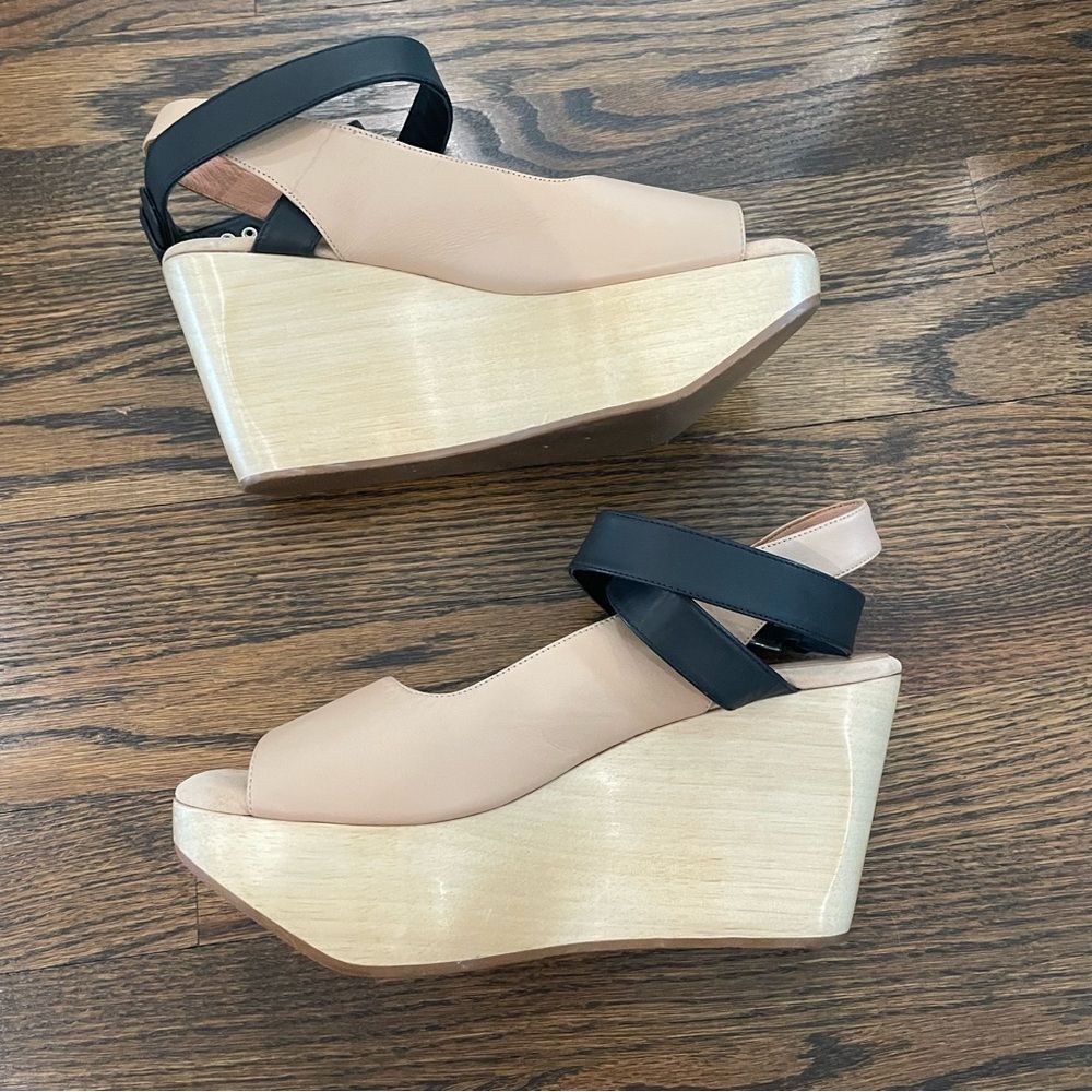 RACHEL COMEY Ceres Wedge Sandals Tan & Black Leather Wrap Around Ankle Strap - Picture 4 of 9